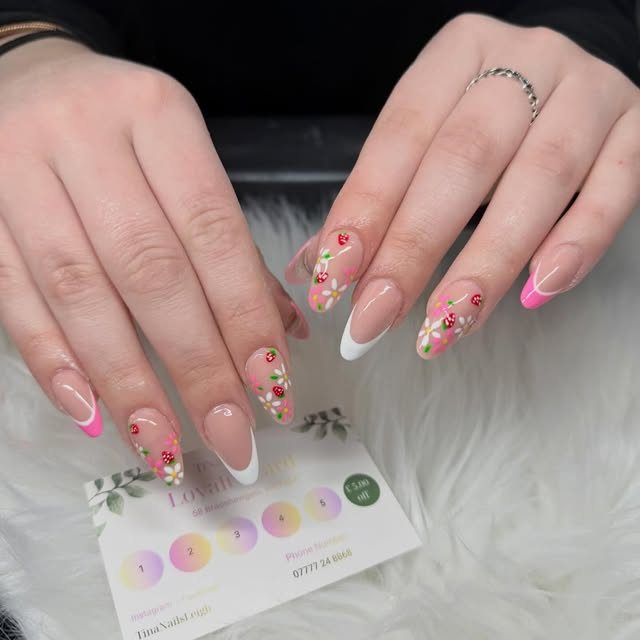 Pink French with 3D flowers 10